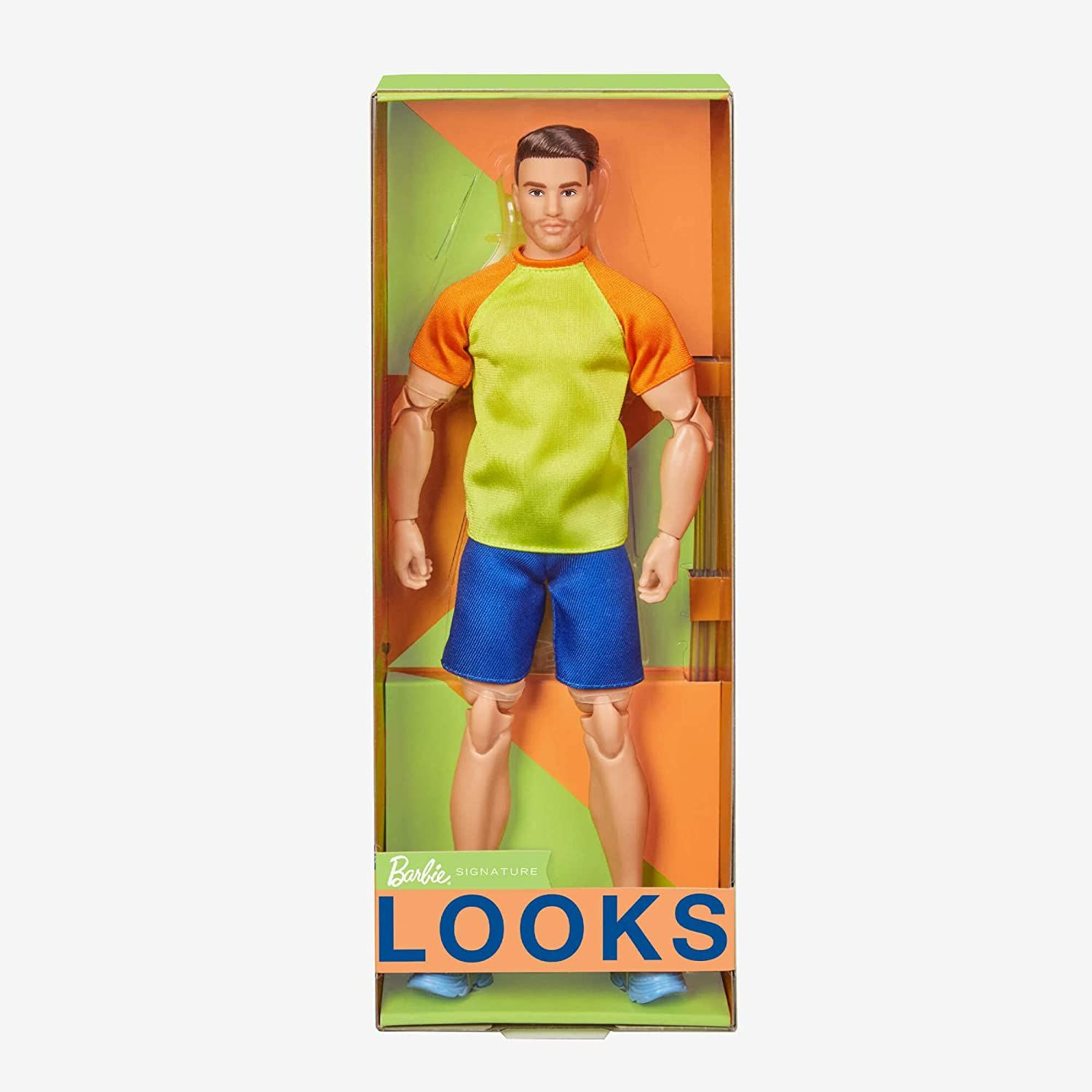 Barbie looks ken doll brown hair dressed in orange and yellow tee made to move