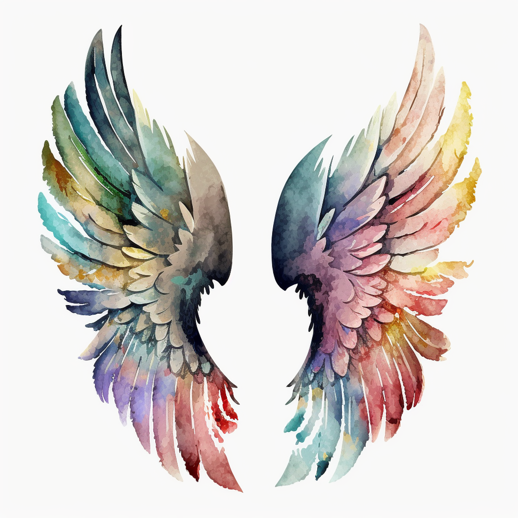 A collection of vibrant and colorful angel wings watercolor clipart against a white clear background each