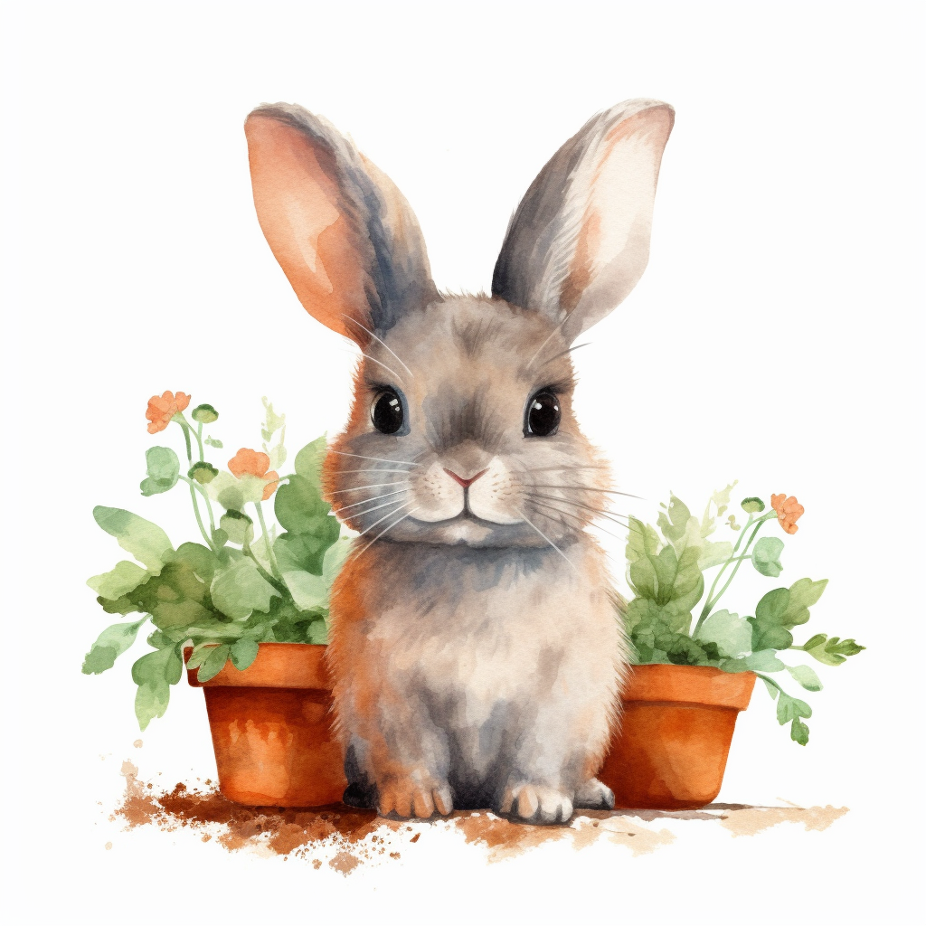 A baby rabbit with cute big eyes happy smiling face cute animal adorable playful atitude adorable watercolor animal clipart with a few plants and carrot decor no background high quality