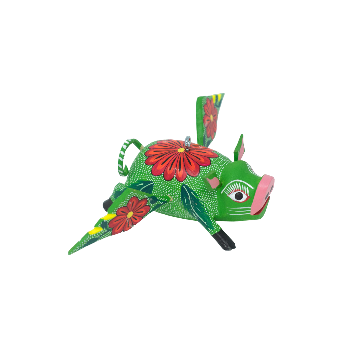 Handcarved magical mexican folk art ornament winged pig with red flowers oaxacan alebrije