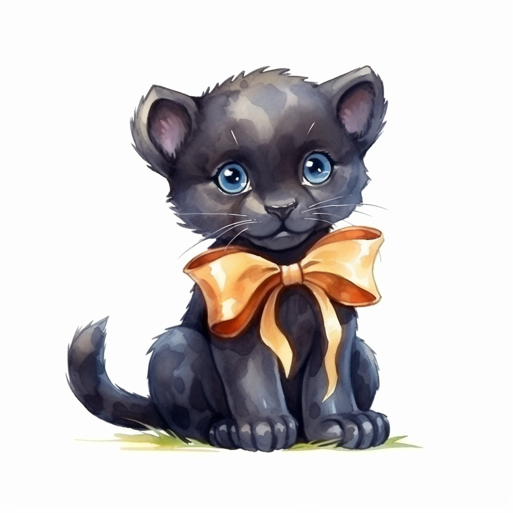 Cute cartoon black panther with bow clipart for childish cards and books illustration style on white background k detailed hd watercolor