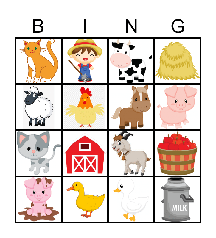 Farm animals bingo card