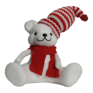 Soft christmas bear red white stripe sitting