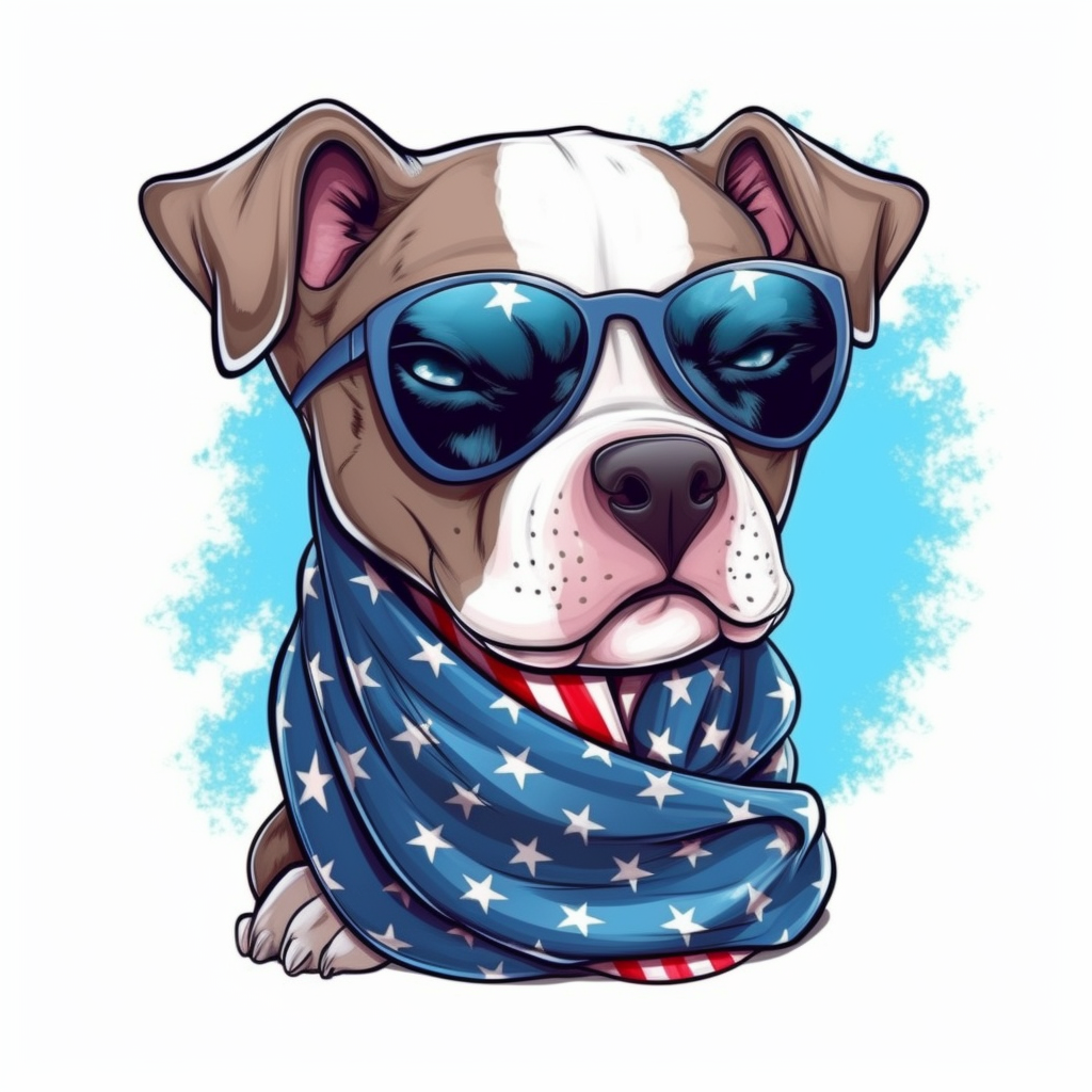 Super cute american flag with pitbull scarf and sunglasses sublimation clipart cartoon funny cute anime very detailed firework blue background