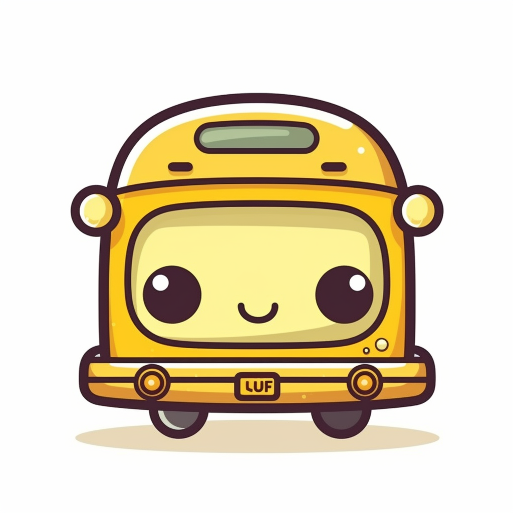 Cute clipart icon of toy yellow school bus kawaii anime style in white background soft color blending rounded