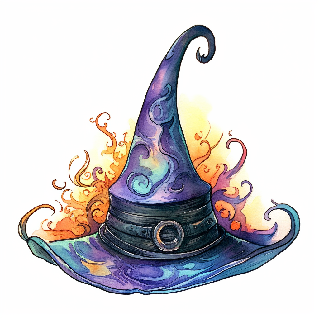Witch hat halloween style by lusy fleming folk art watercolor clipart elements smooth gradients black contour outline ultra detailed white background super clear high quality