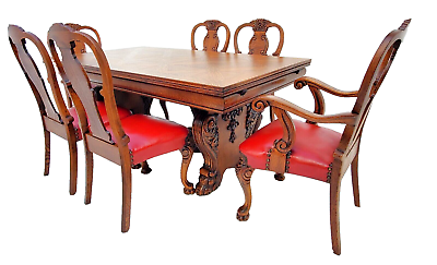 Antique ornately carved draw leaf table dining chairs set w claw feet s