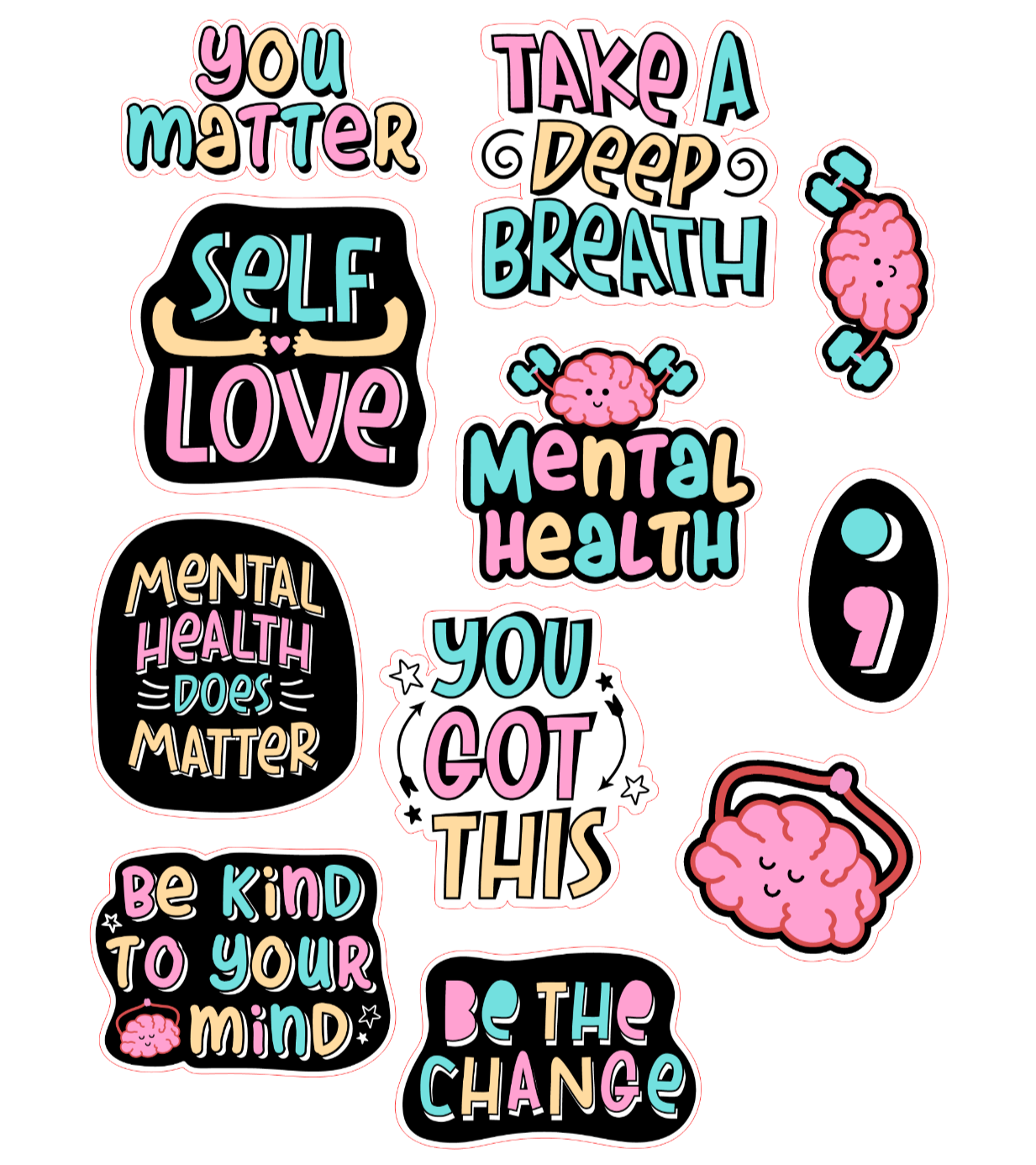 Mental health stickers motivational inspirational positivity wellness set of