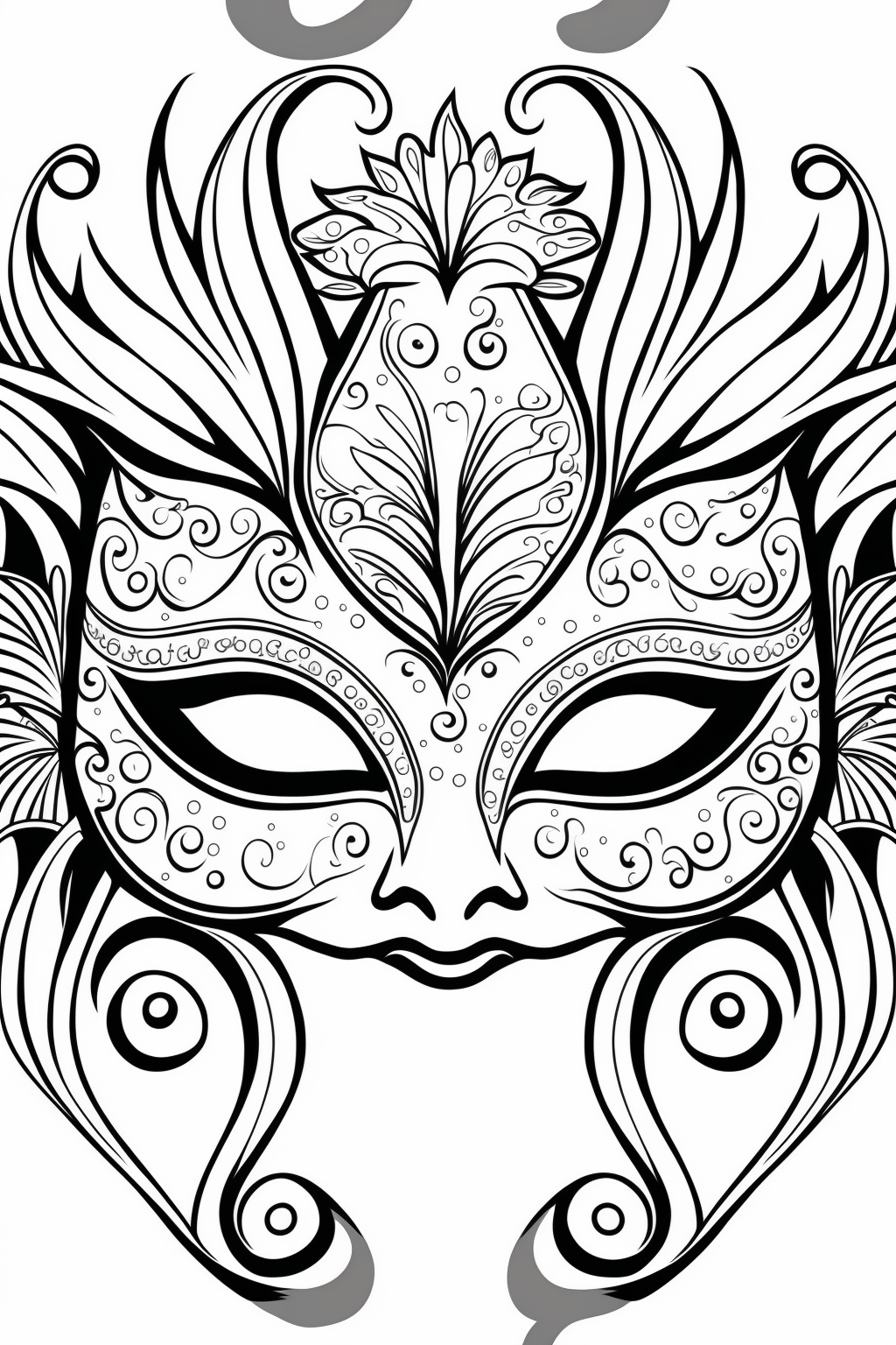 An outlined mardi gras cute mask decorated with glitter and jewels coloring book for toddlers white background black and white clip art