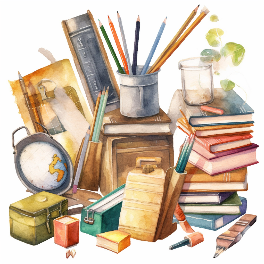 Watercolor clipart school supplies school blackboard class room desk etc hight quality white background