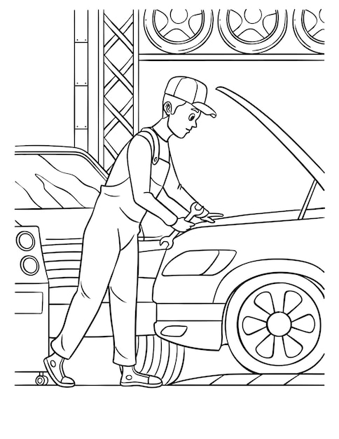 Premium vector auto mechanic coloring page for kids