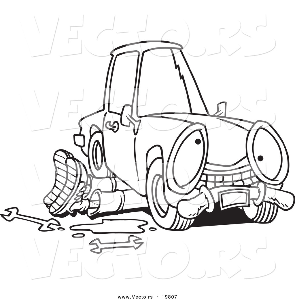 R of a cartoon mechanic working under a car
