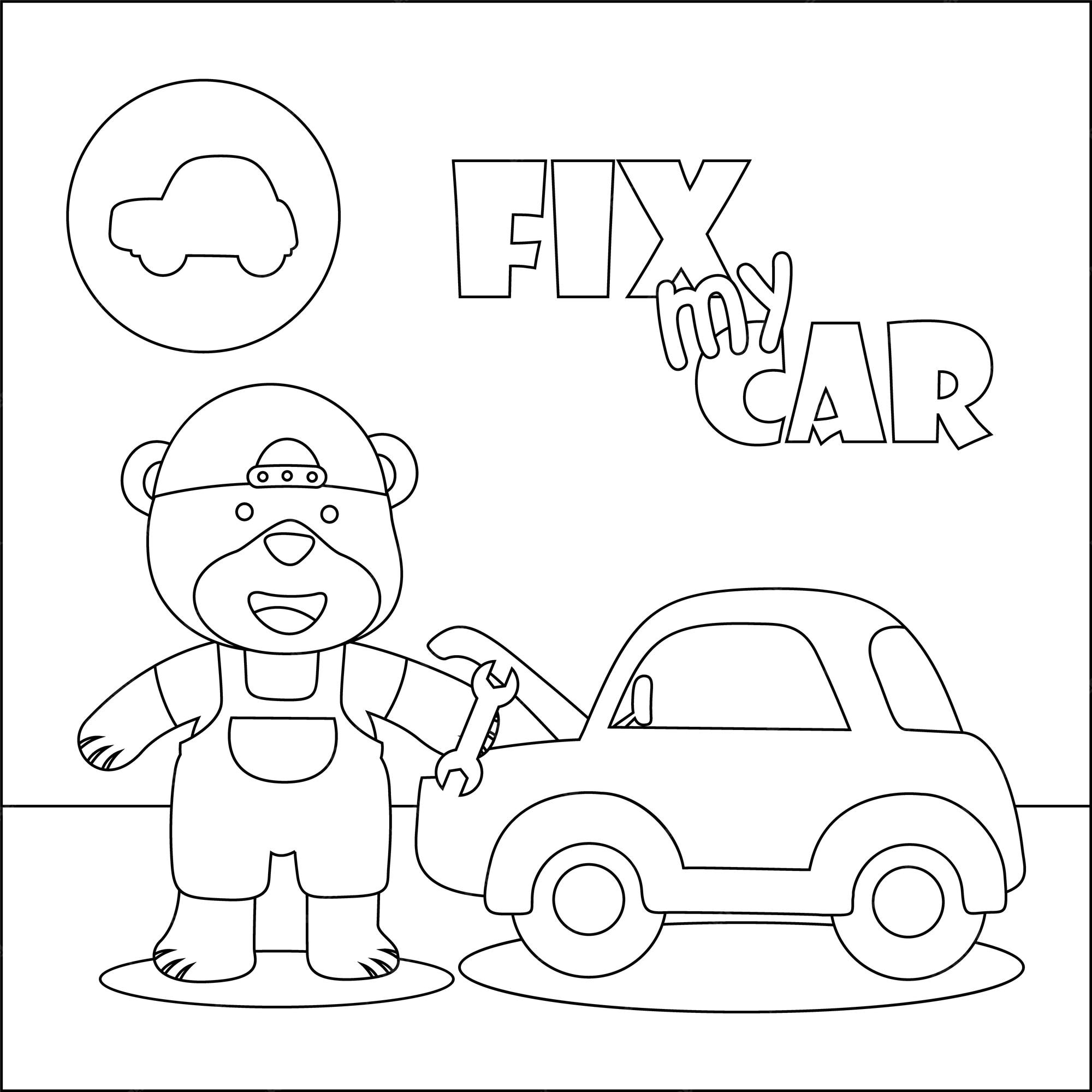 Premium vector vector illustration of car repair shop cartoon with funny mechanic colouring book or page