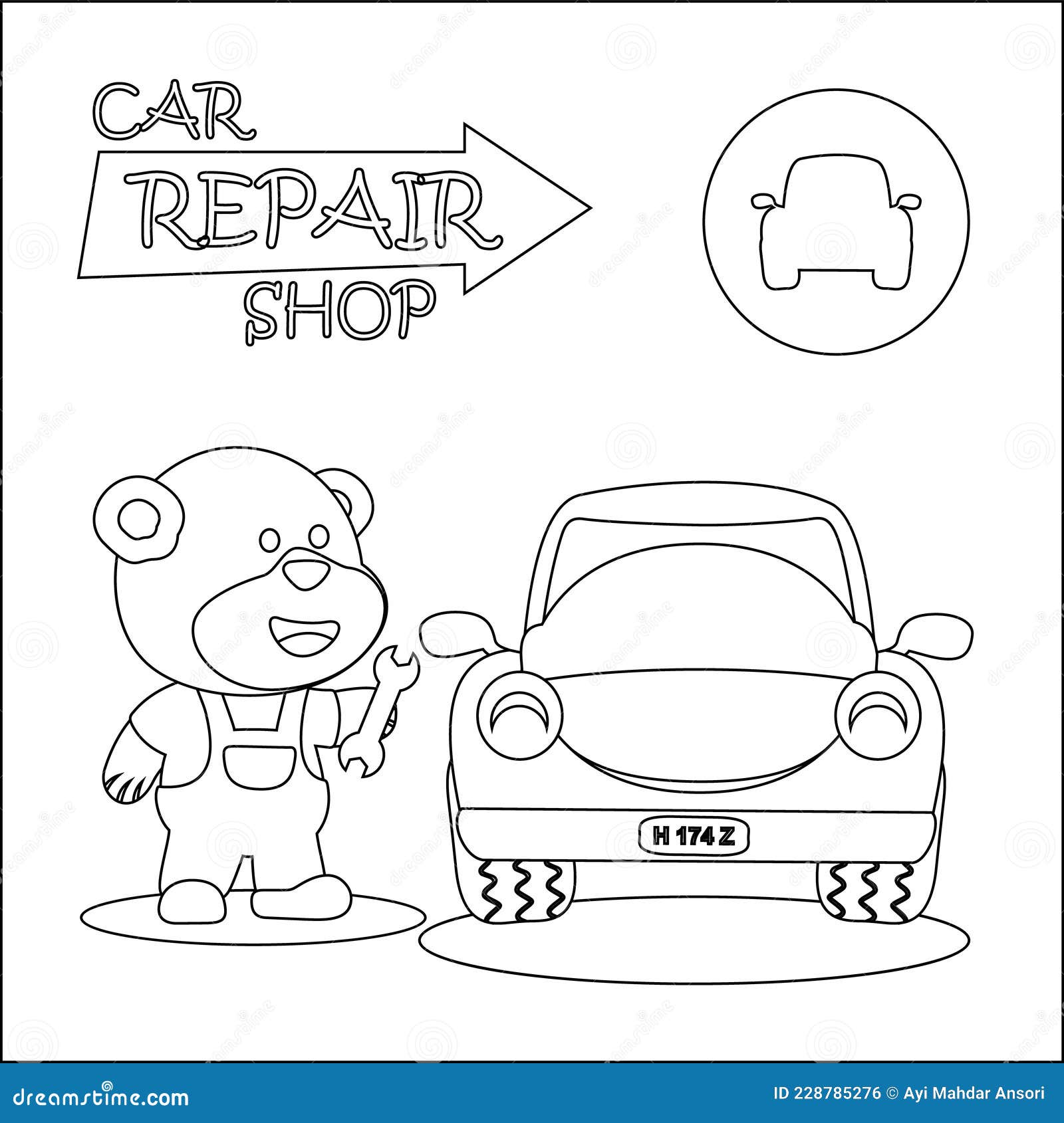Vector illustration of car repair shop cartoon with funny mechanic cartoon isolated vector illustration creative vector childish stock vector
