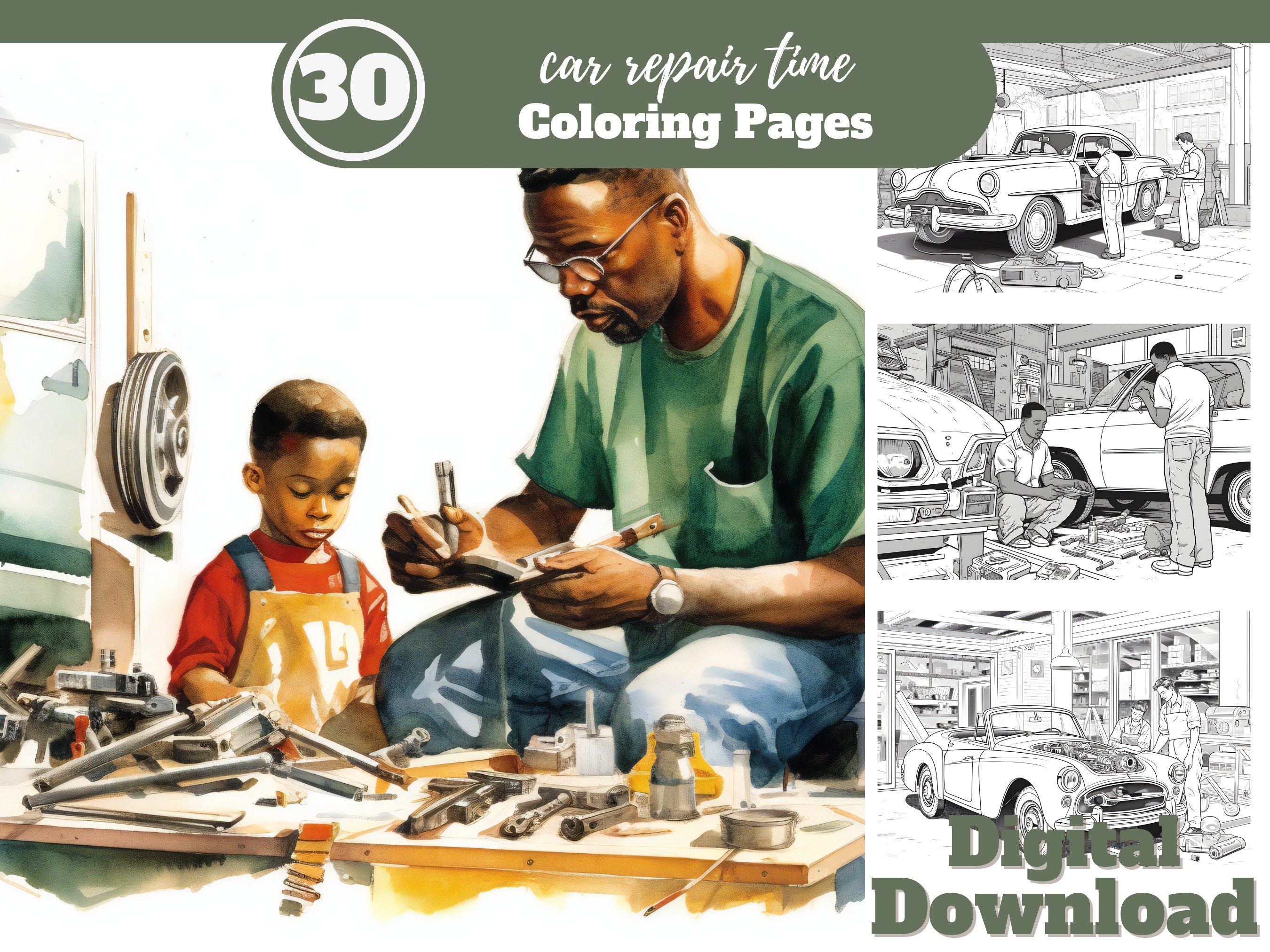 Car repair time page adult coloring book digital download step into a garage shop