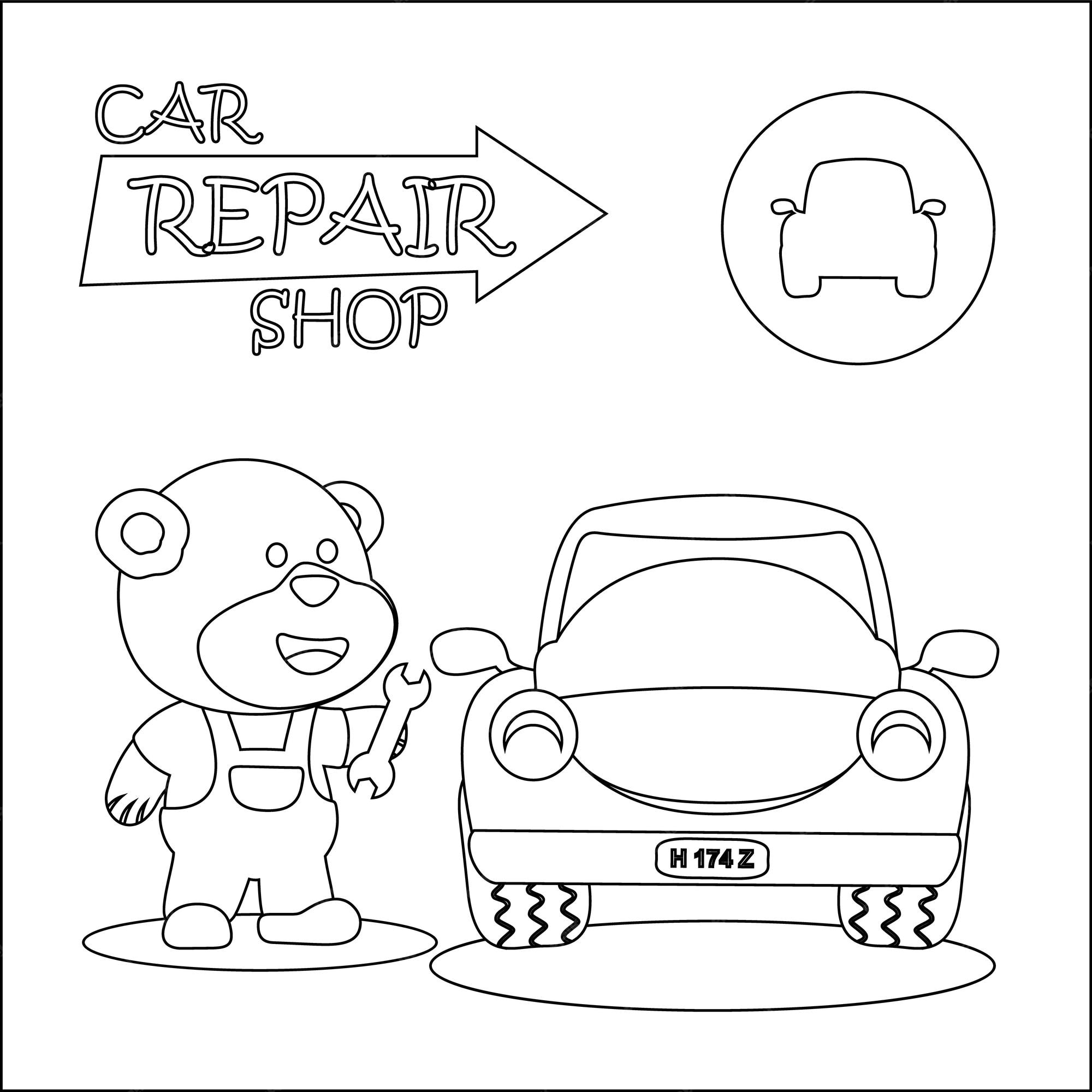 Premium vector vector illustration of car repair shop cartoon with funny mechanic colouring book or page
