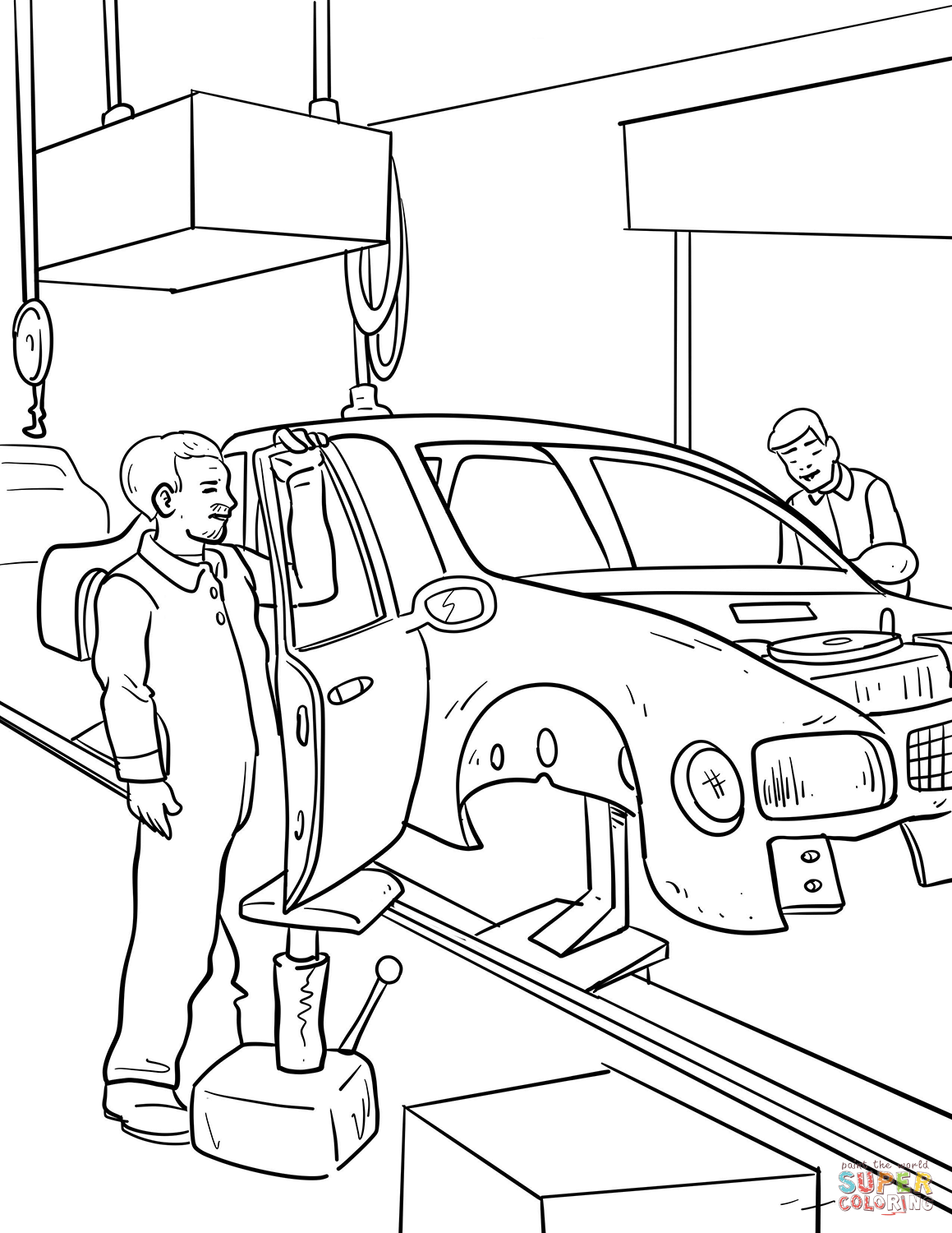 Mechanics are fixing a car coloring page free printable coloring pages