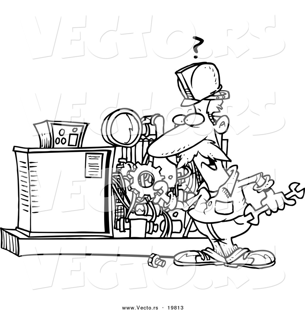 R of a cartoon mechanic working on a machine