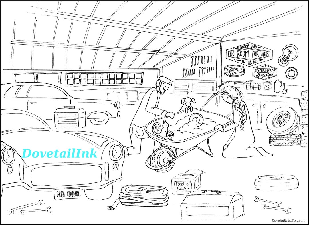 Nativityin a garage christmas coloring page with holy family mechanics car