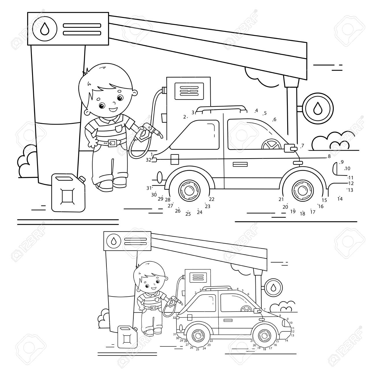 Educational puzzle game for kids numbers game car coloring page outline of cartoon driver with car on petrol station coloring book for children royalty free svg cliparts vectors and stock illustration image