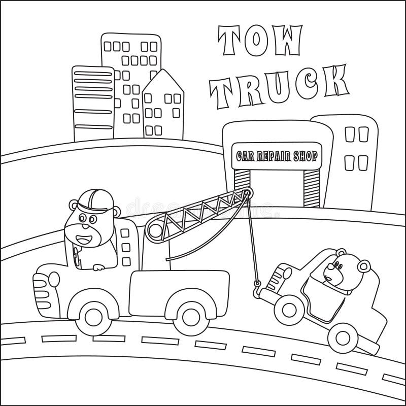 Coloring book or page of tow truck cartoon with funny driver cartoon isolated vector illustration creative vector childish stock vector