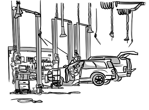 Car dealership garage generic stock illustration