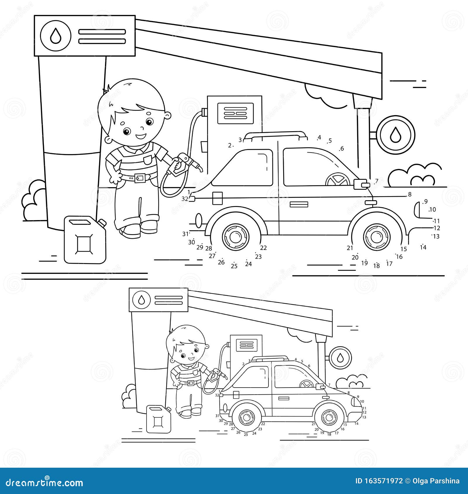 Educational puzzle game for kids numbers game car coloring page outline of cartoon driver with car on petrol station stock vector