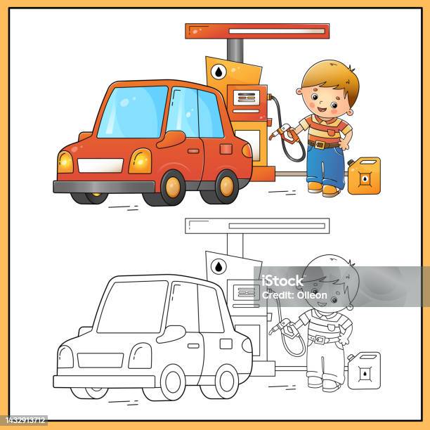 Coloring page outline of cartoon driver with car on petrol station images transport or vehicle for children coloring book for kids stock illustration