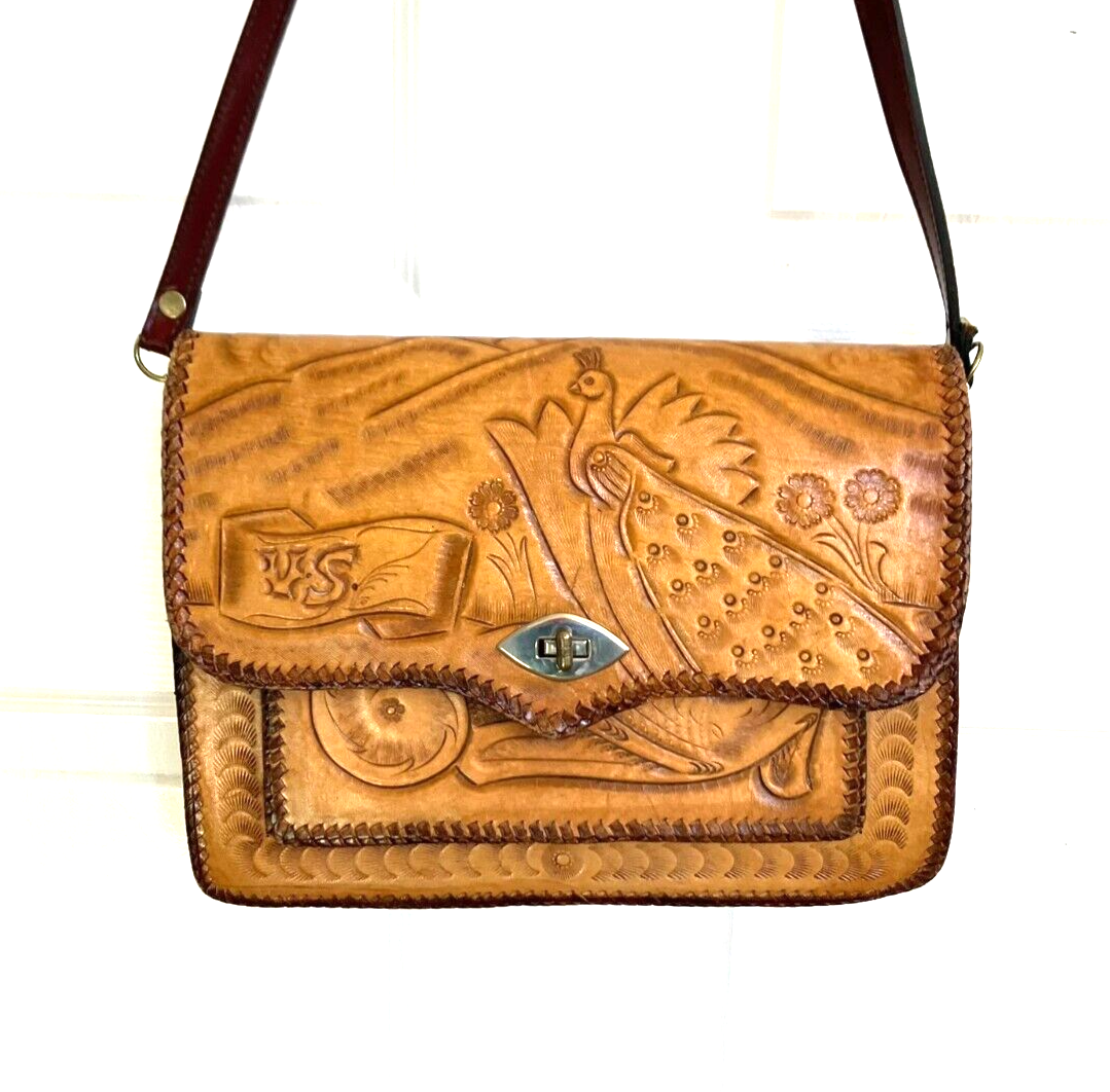 Vintage tooled leather purse hand bag brown embossed peacock floral vintage