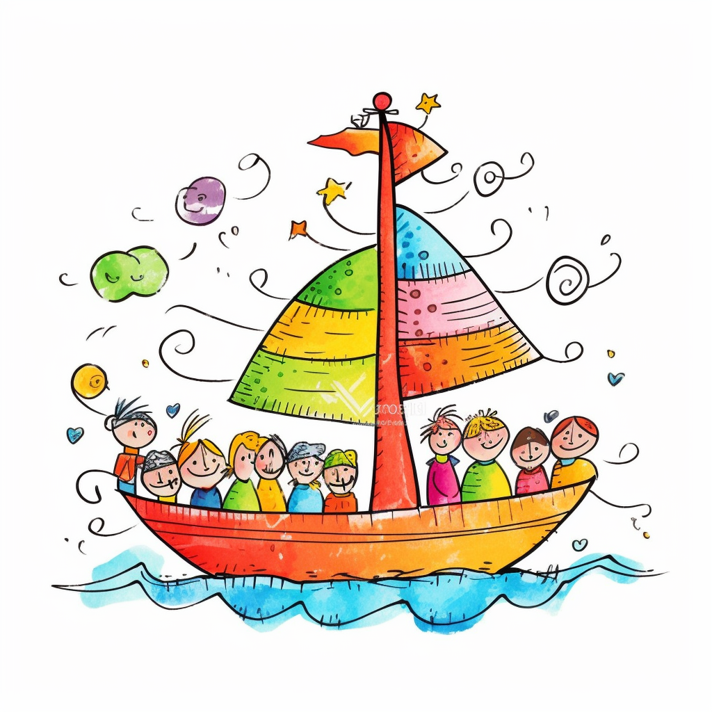 A clip art image of colorful kids doodle boat cartoonish isolated white background minimalist k c