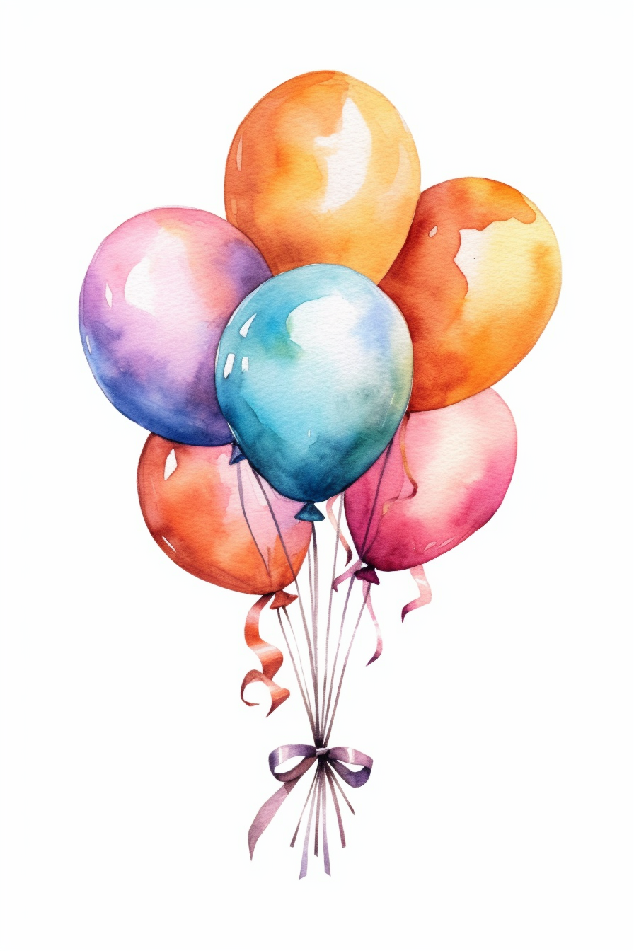 Different watercolor balloon bundles tied with ribbons clipart hd isolated spaced out on white background