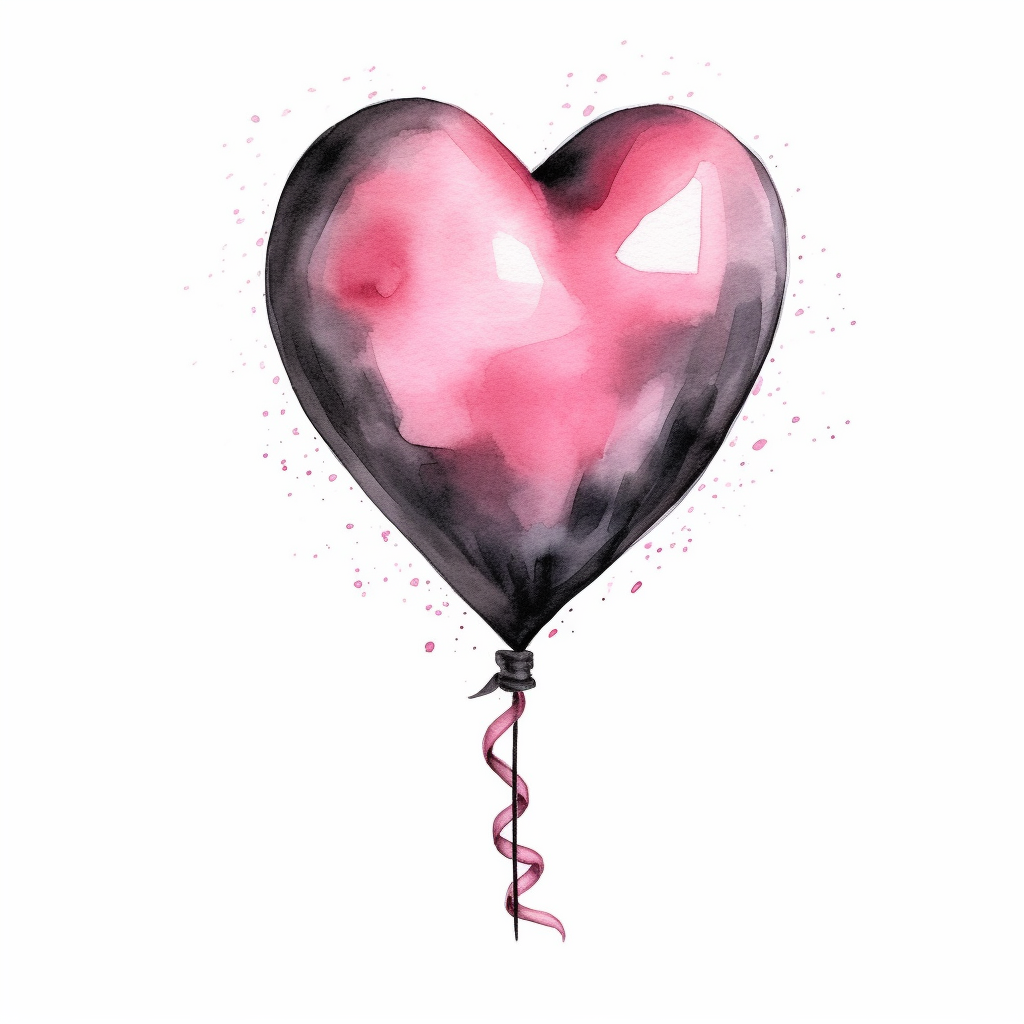 Watercolor pink and black birthday heart shape balloon drawing illustration clipart high detailed white background digital art
