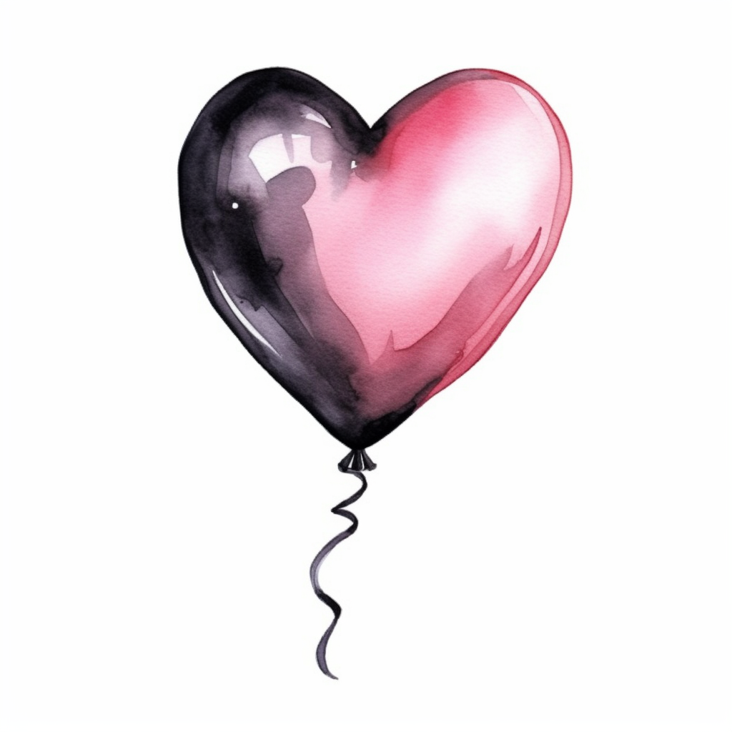 Watercolor pink and black birthday heart shape balloon drawing illustration clipart high detailed white background digital art