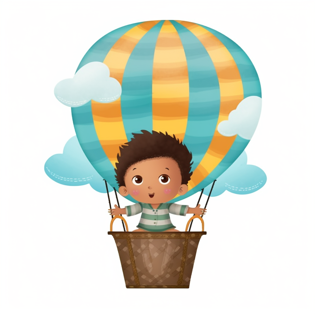 A little black baby boy in a hot air balloon clipart illustration