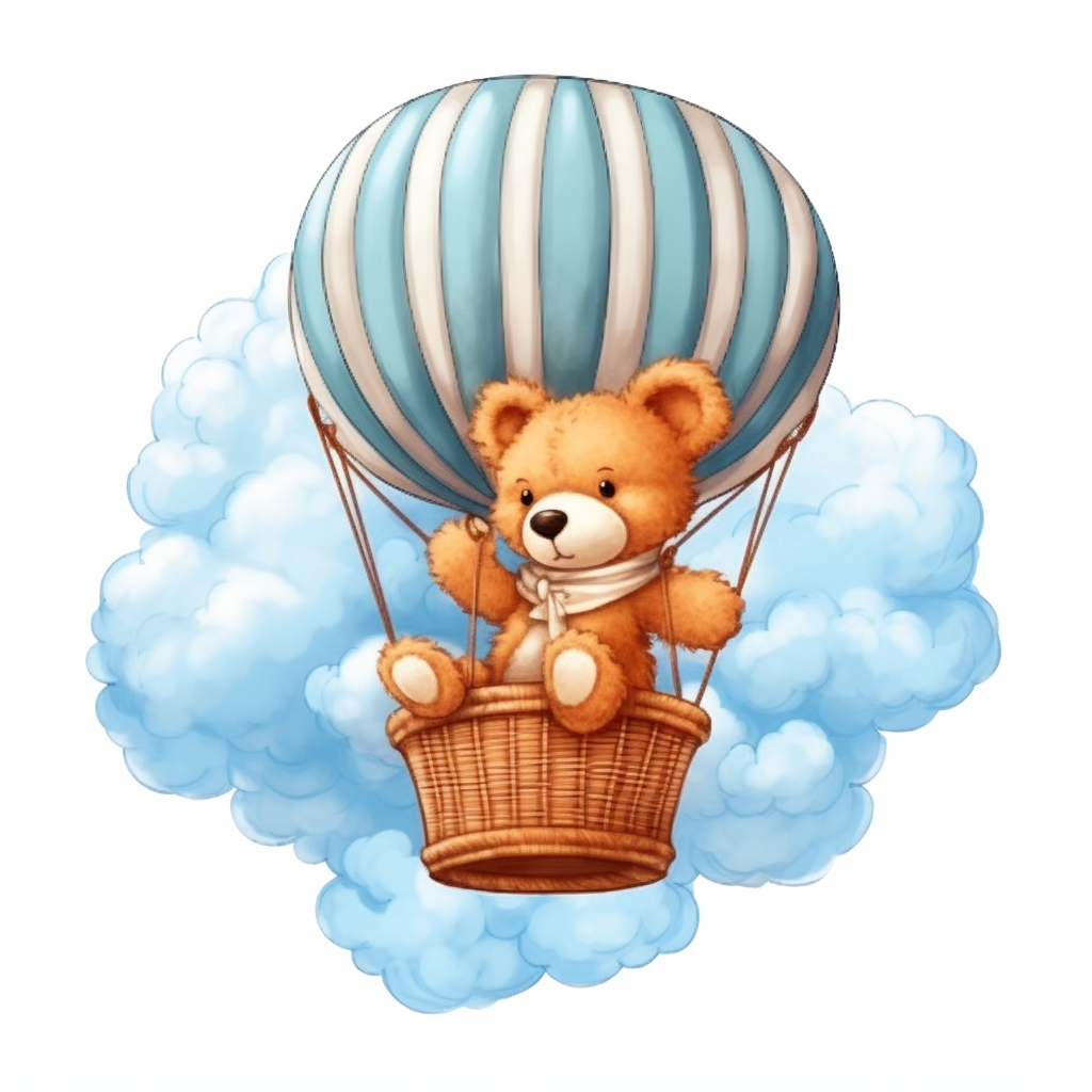 Cute cartoon teddy bear sitting on top of a hot air balloon in the clouds clipart white background