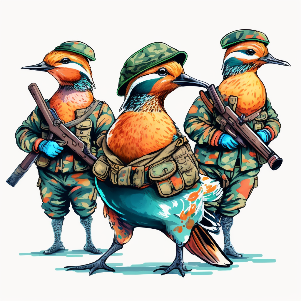 Boho style illustration clipart sublimation drawing mandarin space ducks in military uniform and with weapons bright colorful colors on a white background high quality k quality detail