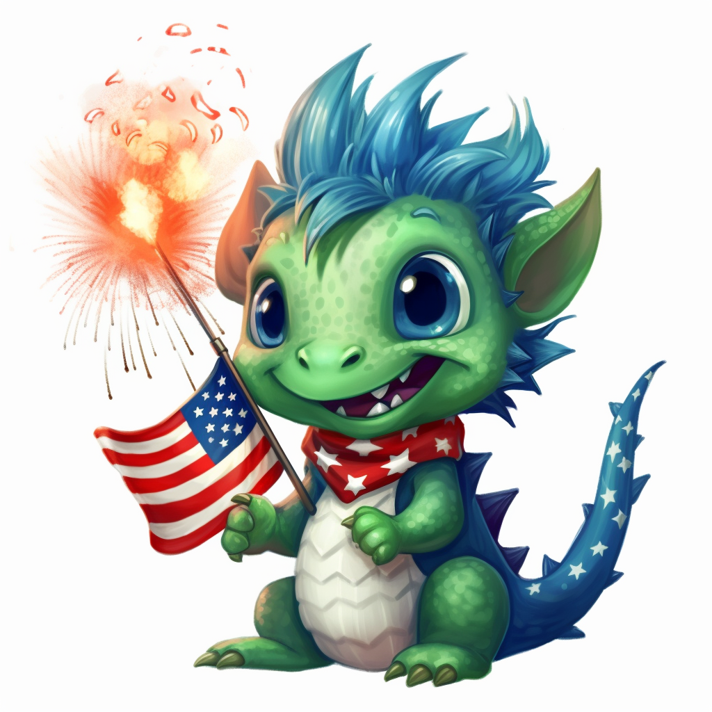 Illustration of cute green baby dragon in red white and blue american flag colors celebrating th of july with fireworks clipart svg white background