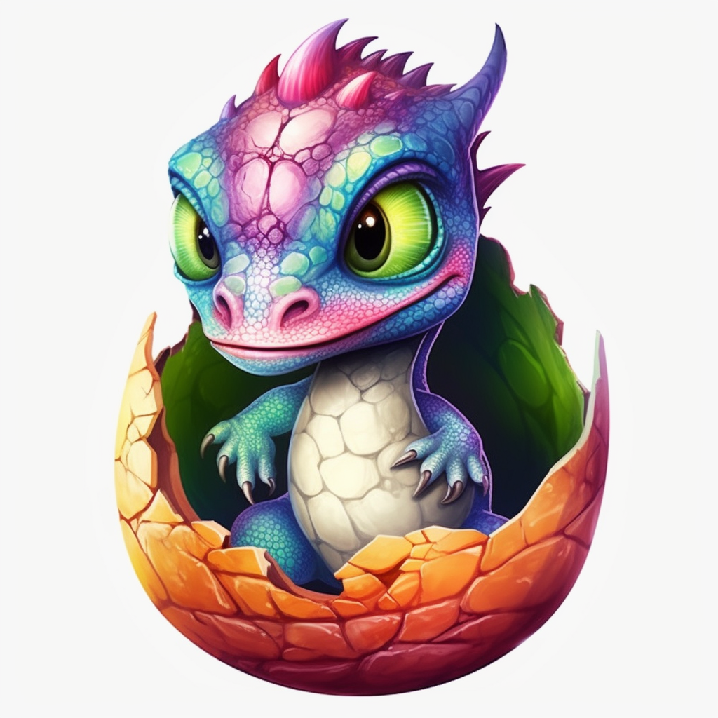 Create a rainbow color baby dragon ing out of half cracked egg with deep eyes dark contrast deep colors clipart on white background hd sharp image clipart on a white background