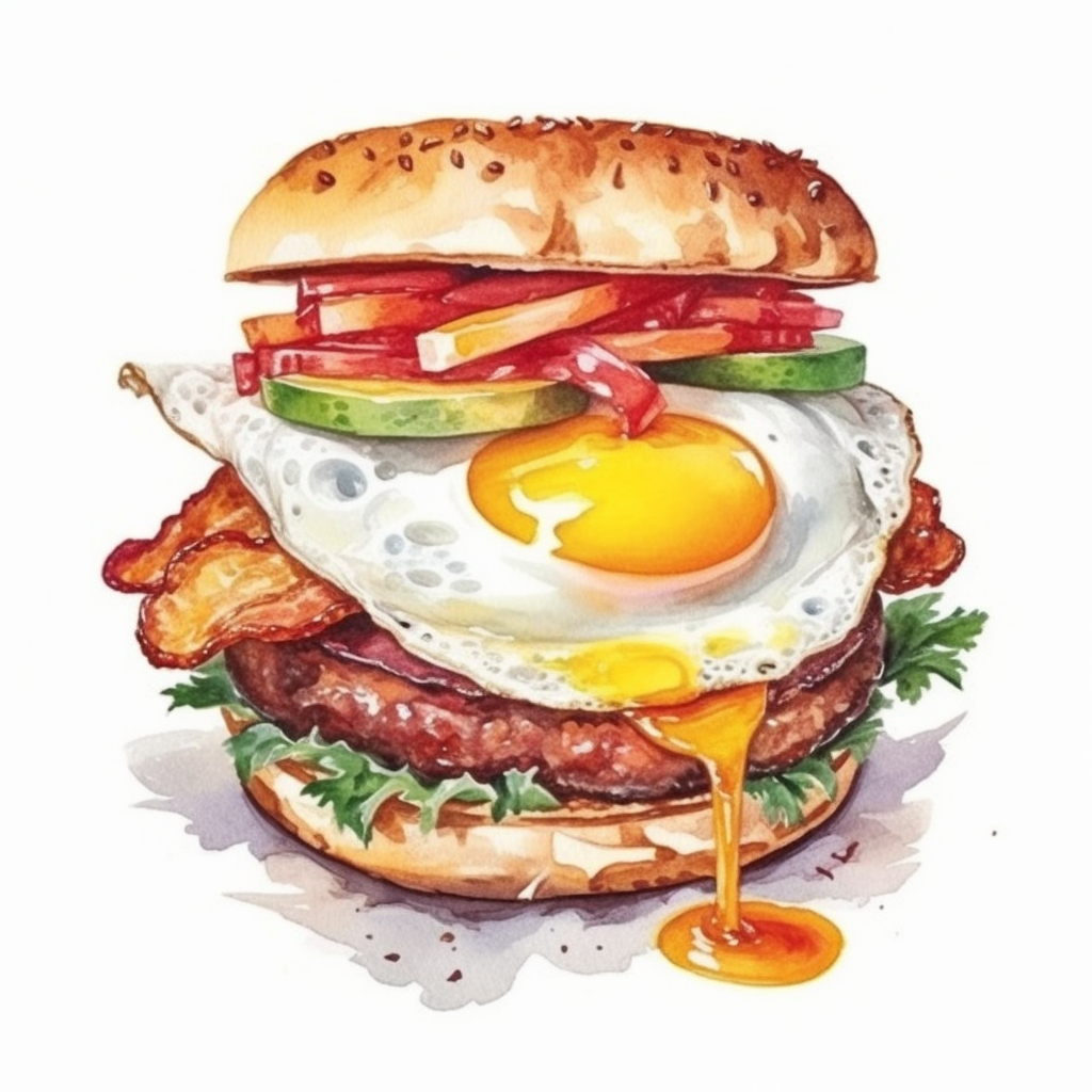 Breakfast burger ground beef bacon fried egg cheddar cheese hash brown ketchup brioche bun clipart water color white background k