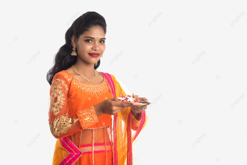 Graceful indian maiden displaying pooja thali and performing devotional ritual against navratri kumkum girl png transparent image and clipart for free download