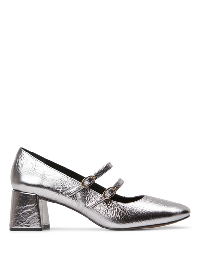 Heeled leather mary janes cuir metallise argent anaki