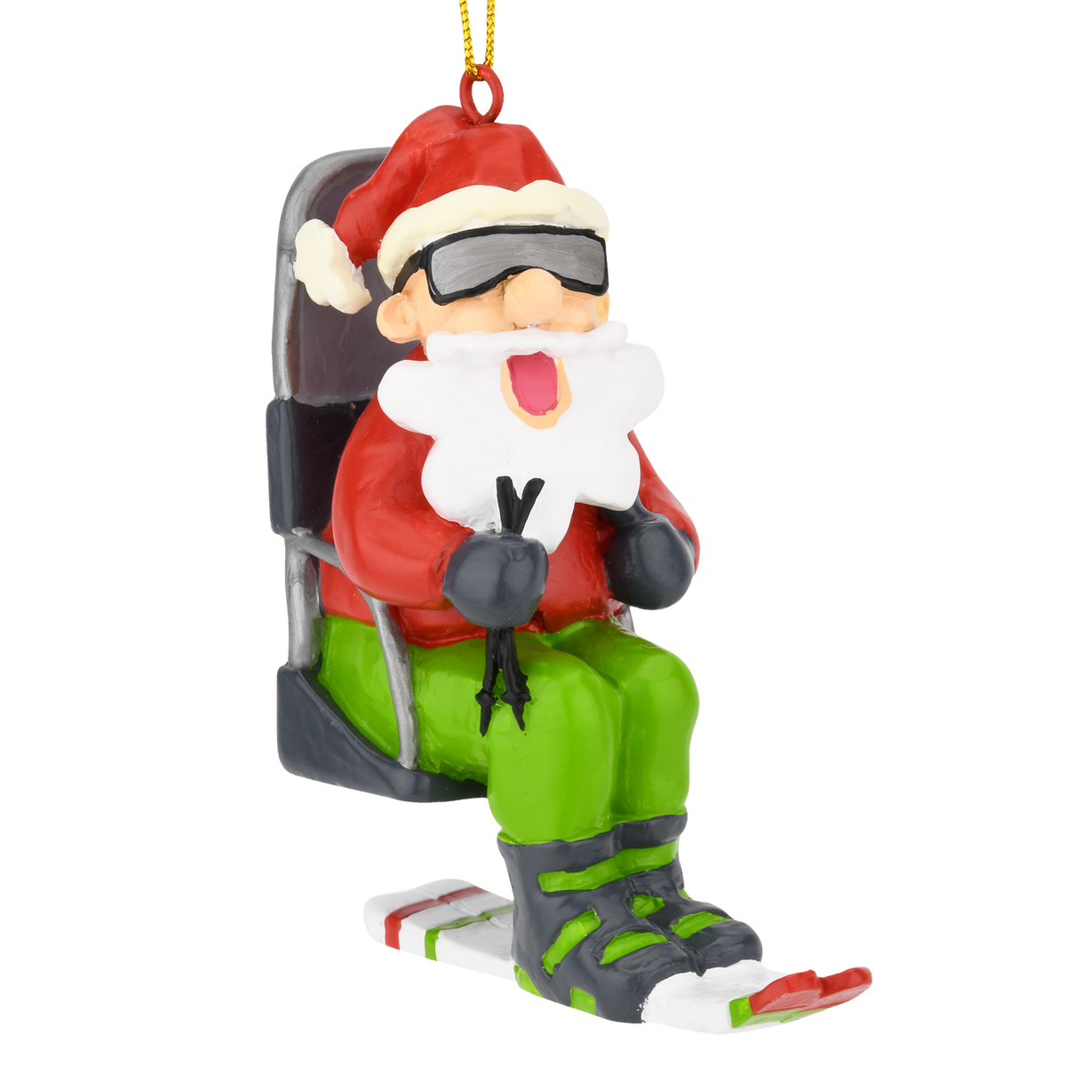 Skiing santa on a chairlift christmas ornament tree buddees