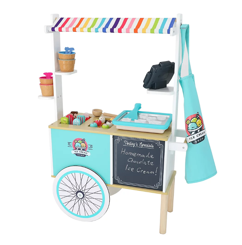 Kids wooden interactive ice cream cart playset toy w chalkboard storage