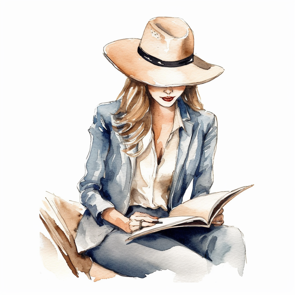 Boss lady with formal clothing and baseball hat reading book watercolor clipart black lines white background