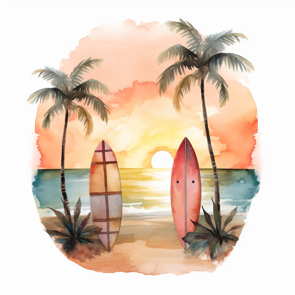 Watercolour tropical beach scene sunset framed with a couple of surf boards stuck in the sand png image that can be used as clipart