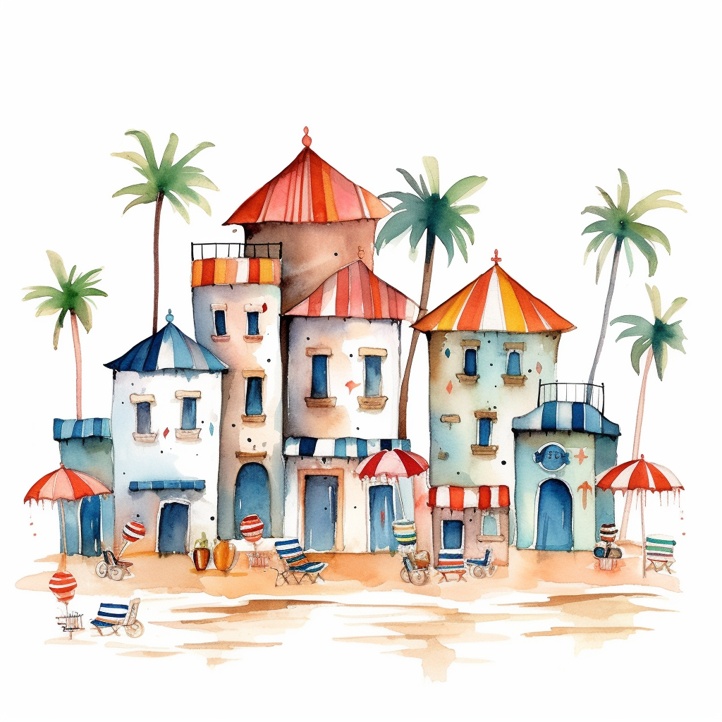 Very cute little houses whimsical beach scenery bohemian style blue sea and sand boho style sun