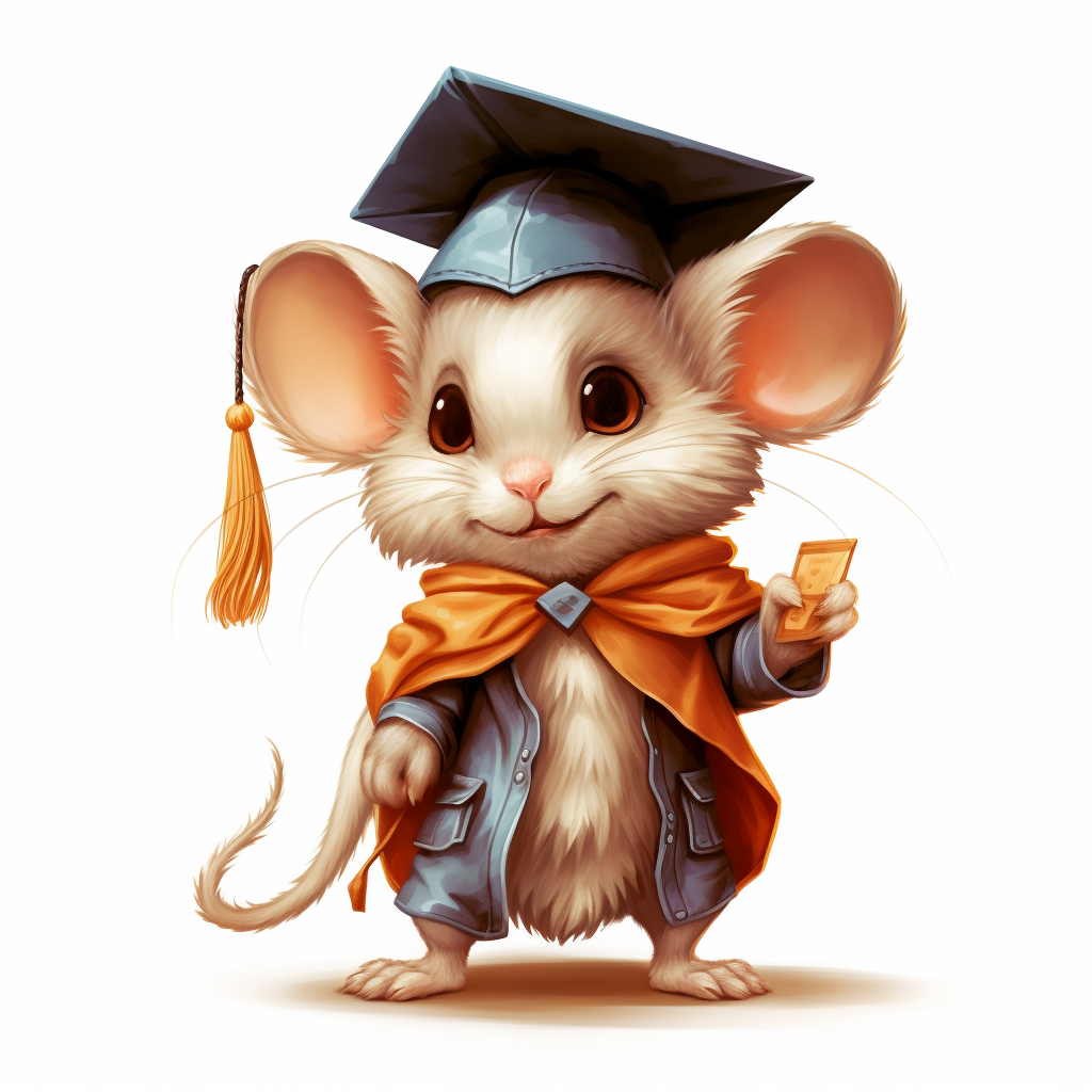 Clipart of a cute mouse with college graduation clothes at graduation with diploma by martha morrison