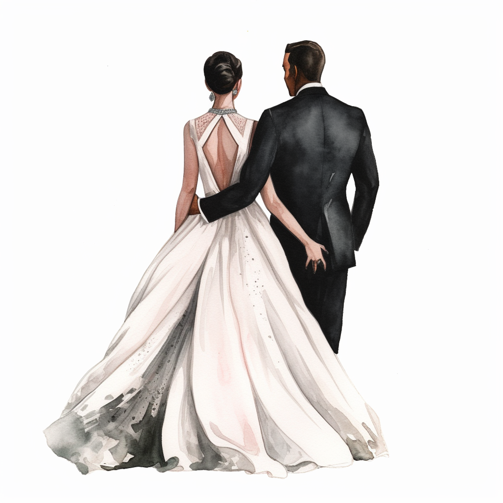 Hand drawn back of married couple she is wearing a white ball gown and he wears