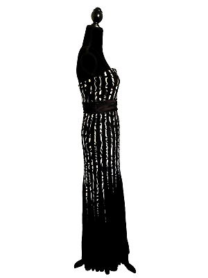 Xscape by joanna chen chiffon formal maxi dress womens sz black gold pleated