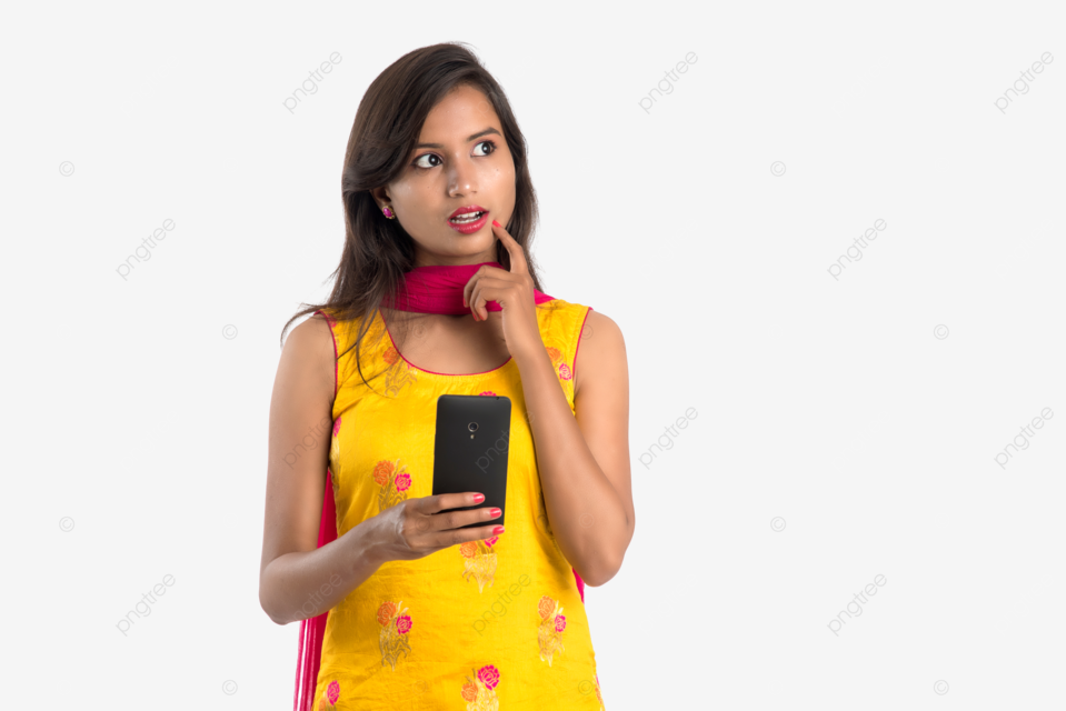 Isolated on a white background an indian girl in her youth is seen operating a mobile phone adult background mobile png transparent image and clipart for free download